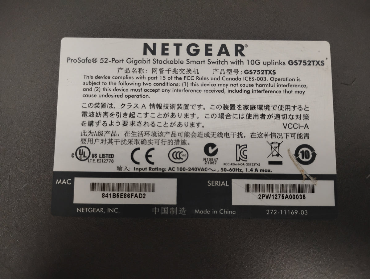 Netgear ProSafe GS752TXS 52-Port Gigabit Stackable Smart Switch