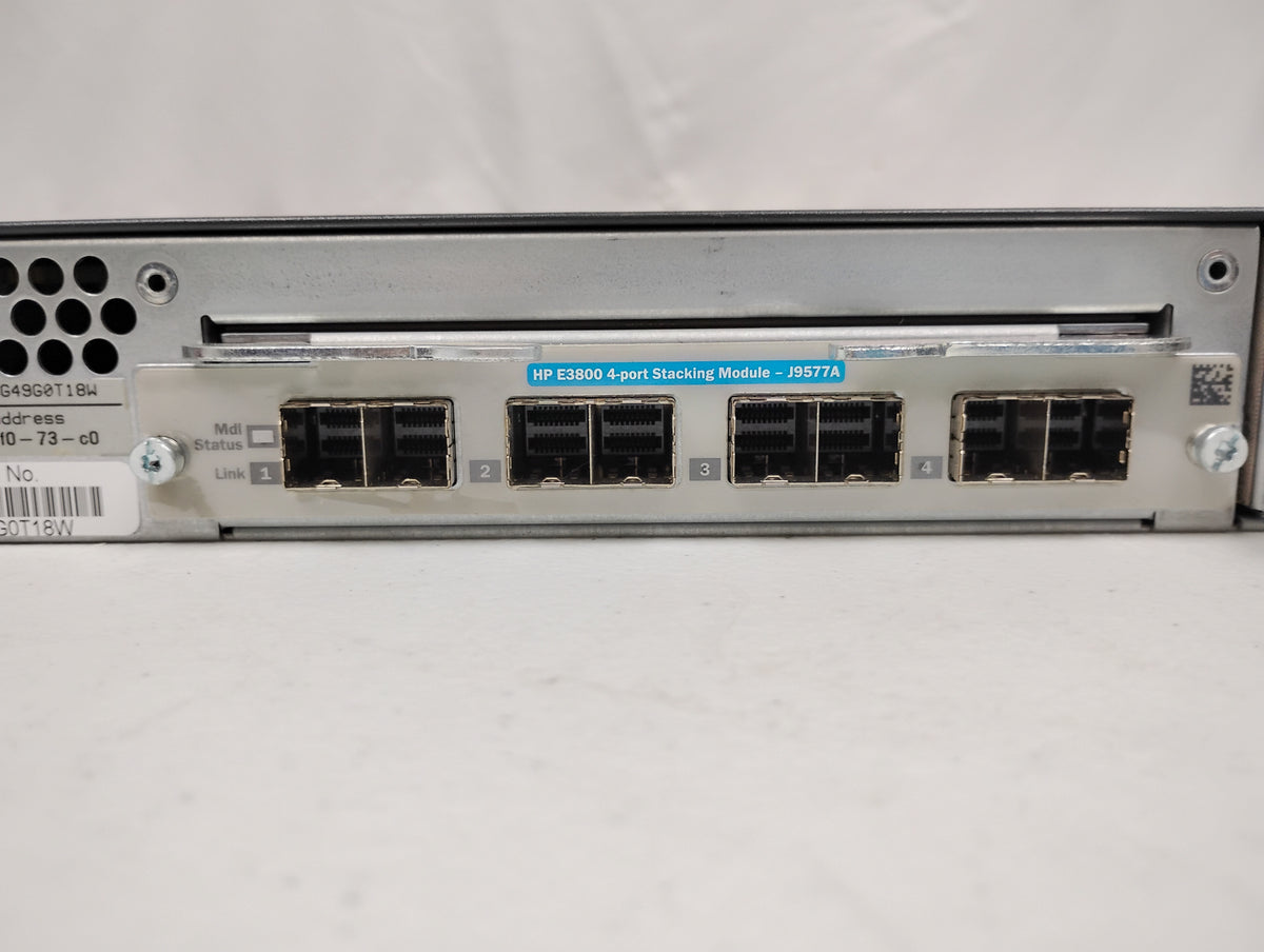 HP J9574A E3800-48G-4SFP+ 48-Port Ethernet Switch w/ J9577A Stacking Module & x2 J9580A PSUs