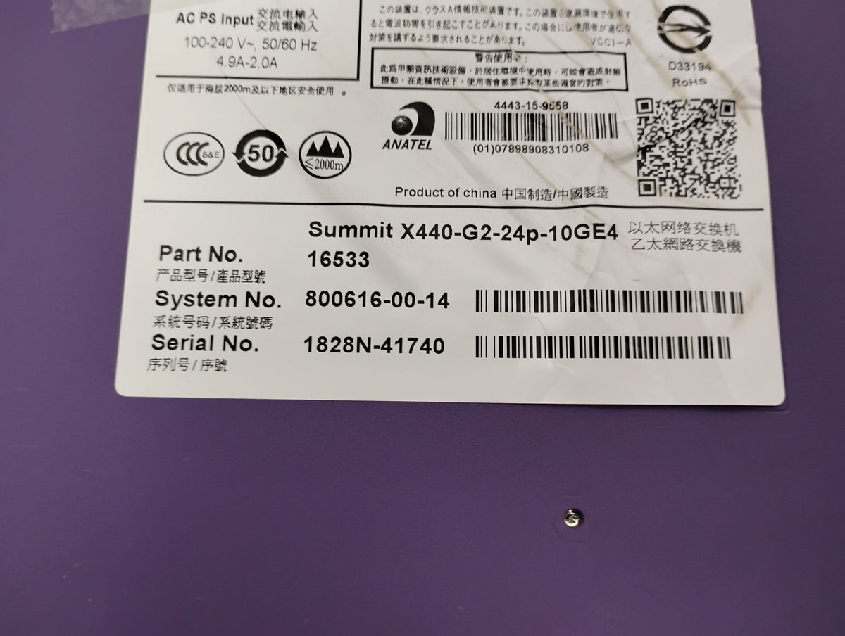 Extreme Networks Summit X440-G2-24P-10GE4 48-Port Ethernet Switch | P/N: 16533