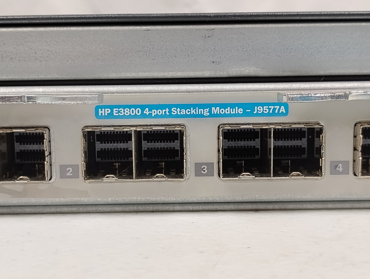 HP J9574A E3800-48G-4SFP+ 48-Port Ethernet Switch w/ J9577A Stacking Module & x2 J9580A PSUs