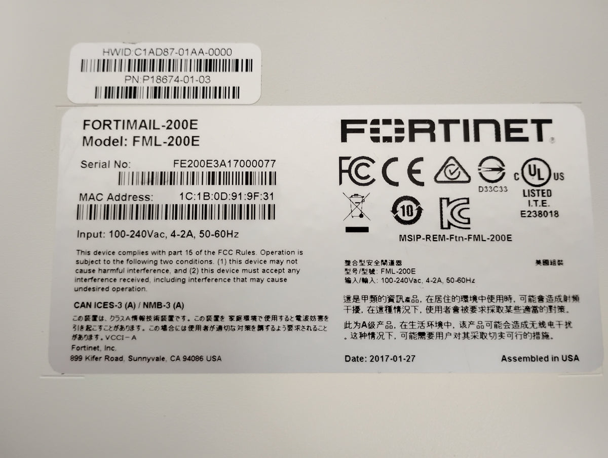 Fortinet FortiMail-200E FML-200E Email Security Appliance