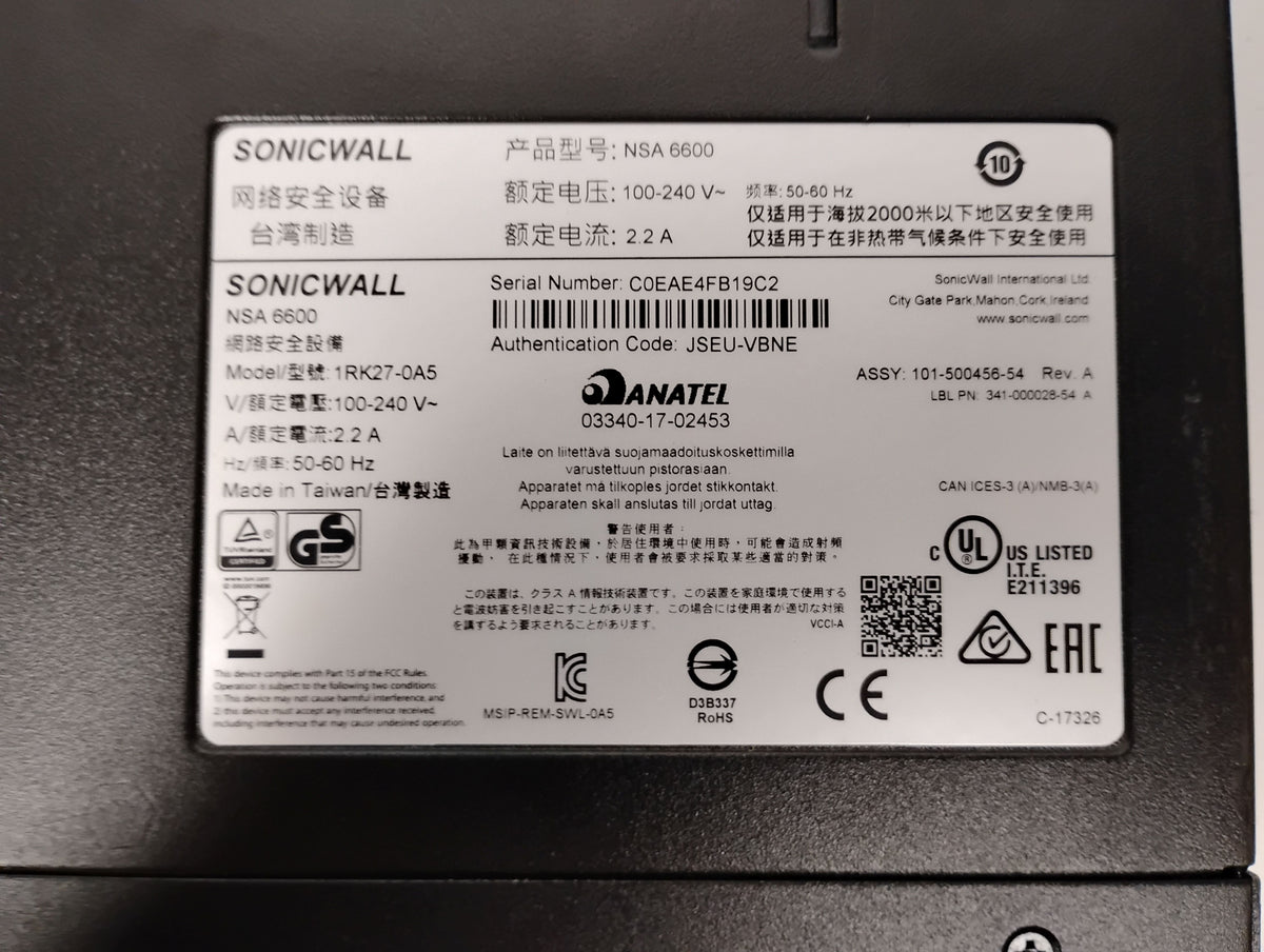 Dell Sonicwall NSA 6600 Network Security Appliance | P/N: 1RK27-0A5