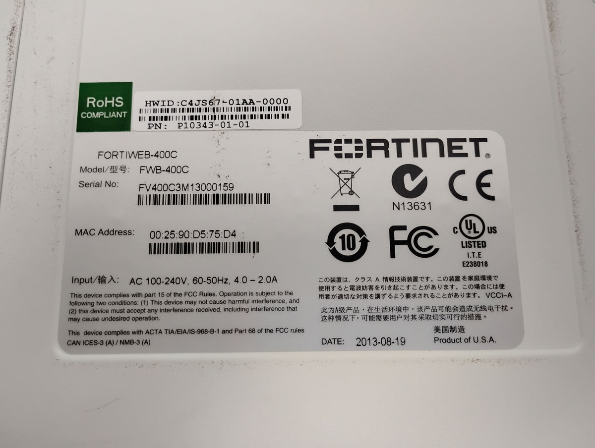 Fortinet Fortiweb 400C Web Application Security Appliance | P/N: FWB-400C