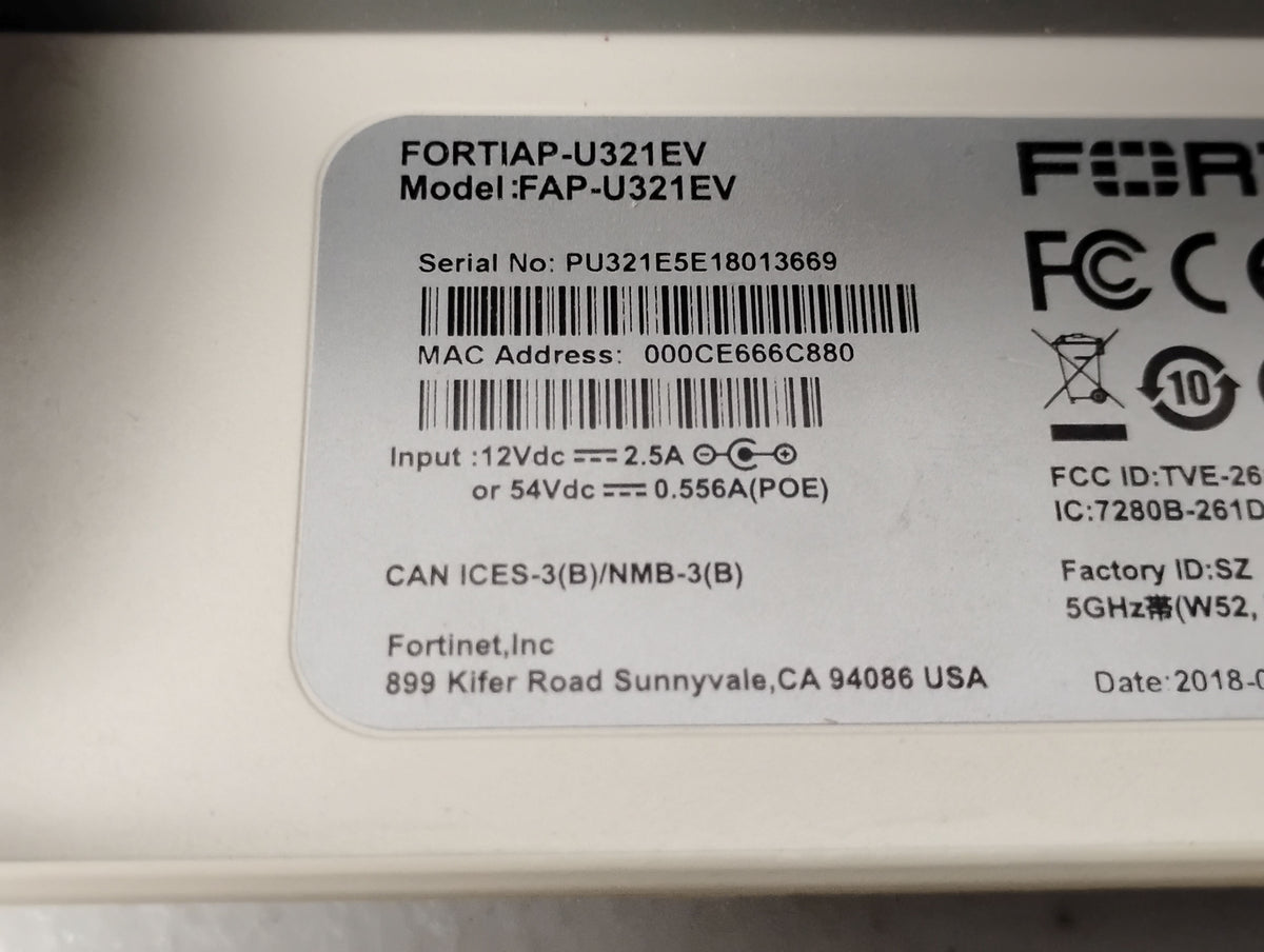 Fortinet FortiAP-U321EV-A Dual Radio 2.4 GHz or 5 GHz 3x3 MU-MIMO
