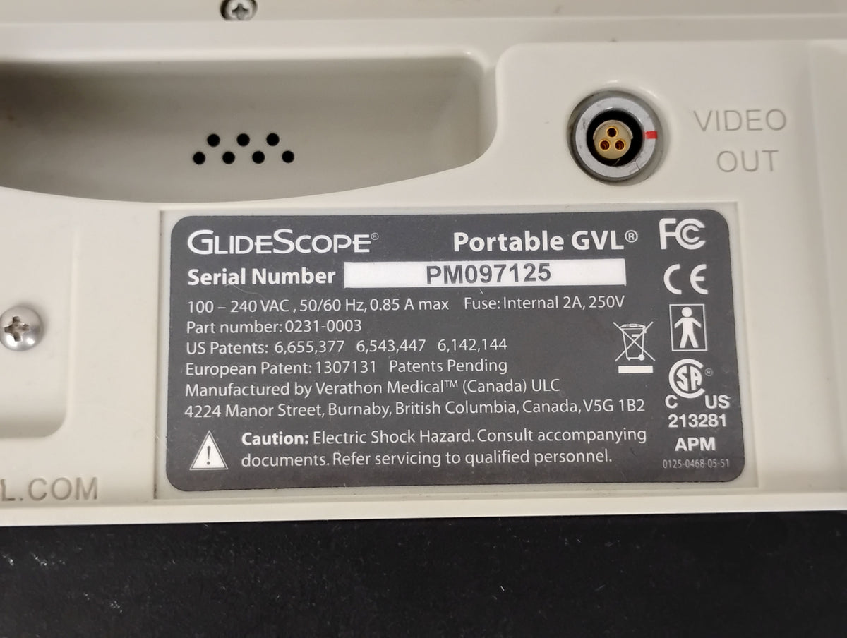 Verathon GlideScope 0231-0003 Portable GVL Monitor Patient Monitor