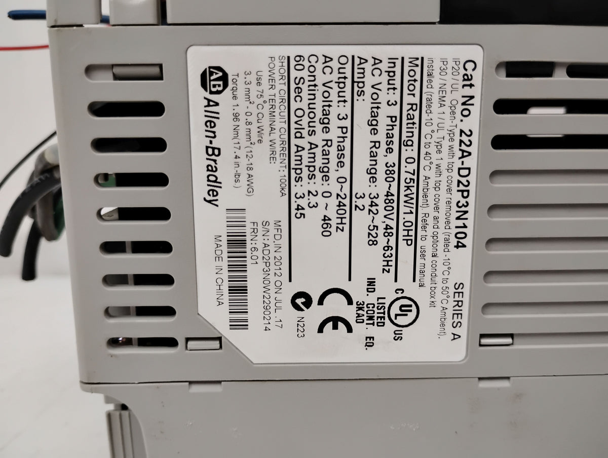 Allen Bradley 22A-D2P3N104 Ser A Powerflex 1HP 4 AC Drive 3 Phase 0.75kW 380-480V