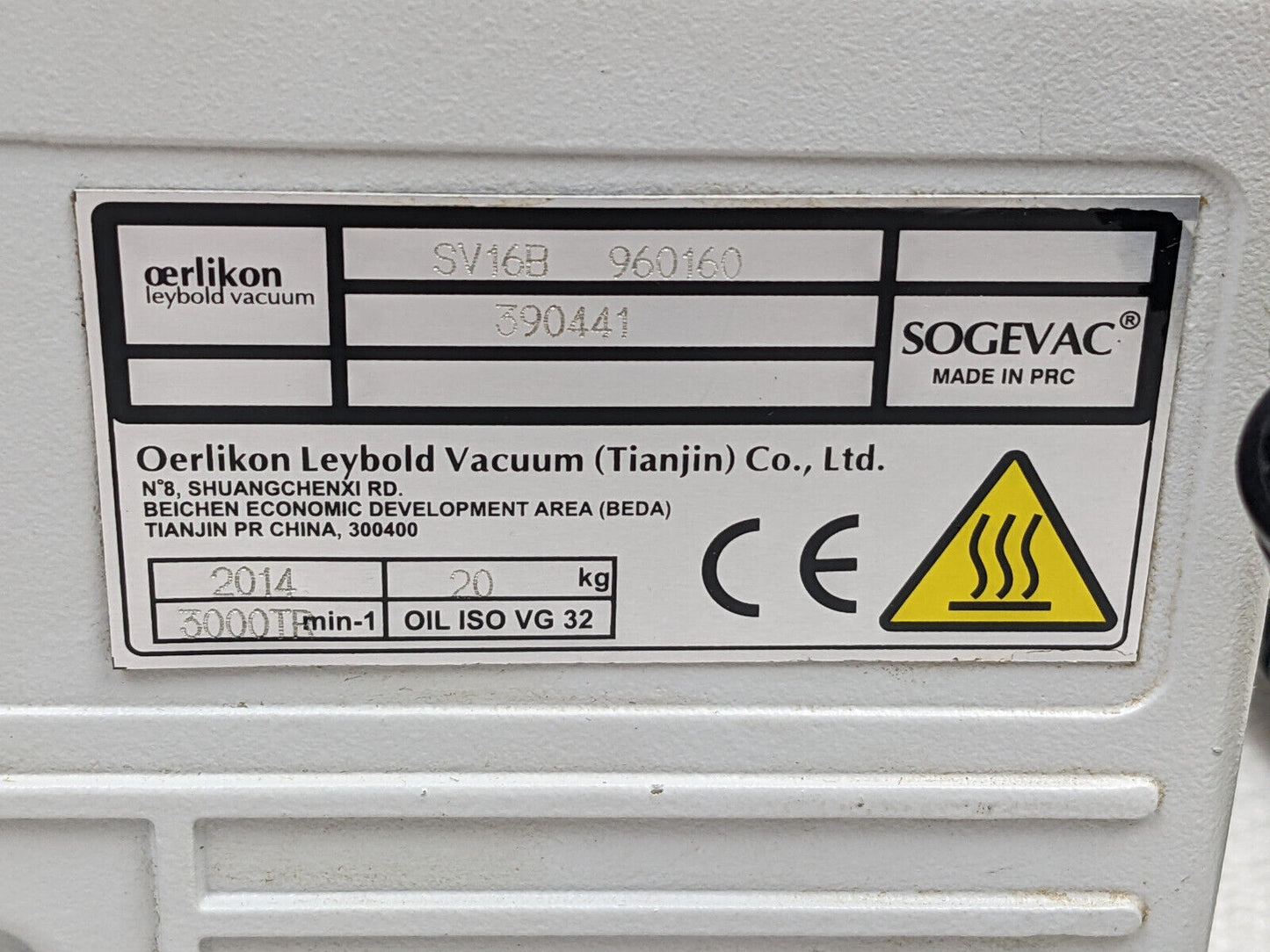 Oerlikon Leybold Sogevac SV16B Vacuum Pump | Cut Power Cord