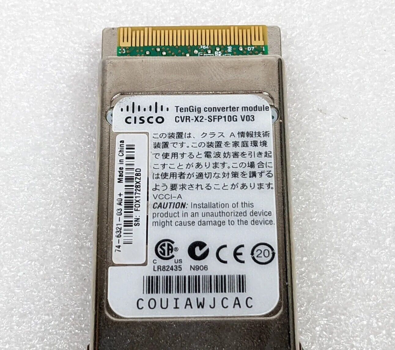 Cisco CVR-X2-SFP10G V03 Module 1 Port X2 to SFP+ 10 Gigabit Converter Module