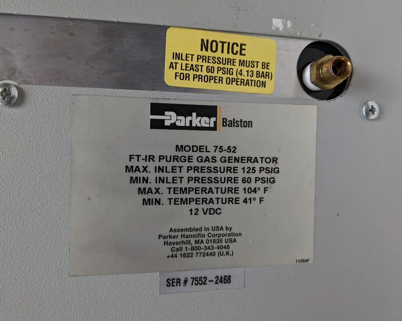 Parker Balston Whatman 75-52 FT-IR Gas Purge Generator