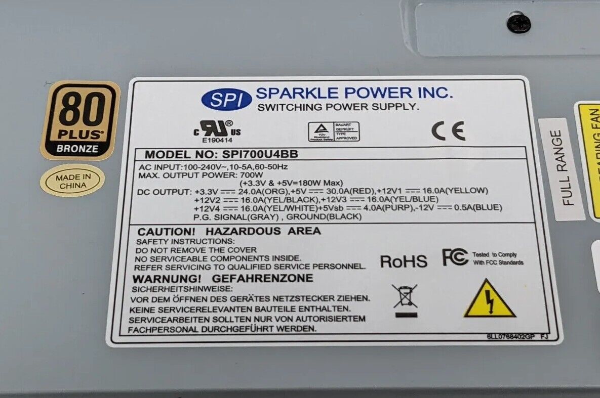 Sparkle SPI700U4BB 700W Single 1U Switching Power Supply