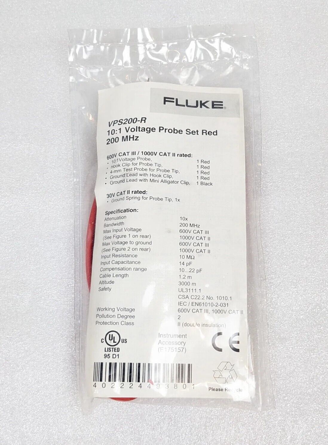 Fluke VPS200-R 10:1 Voltage Probe Set Red | 200MHz