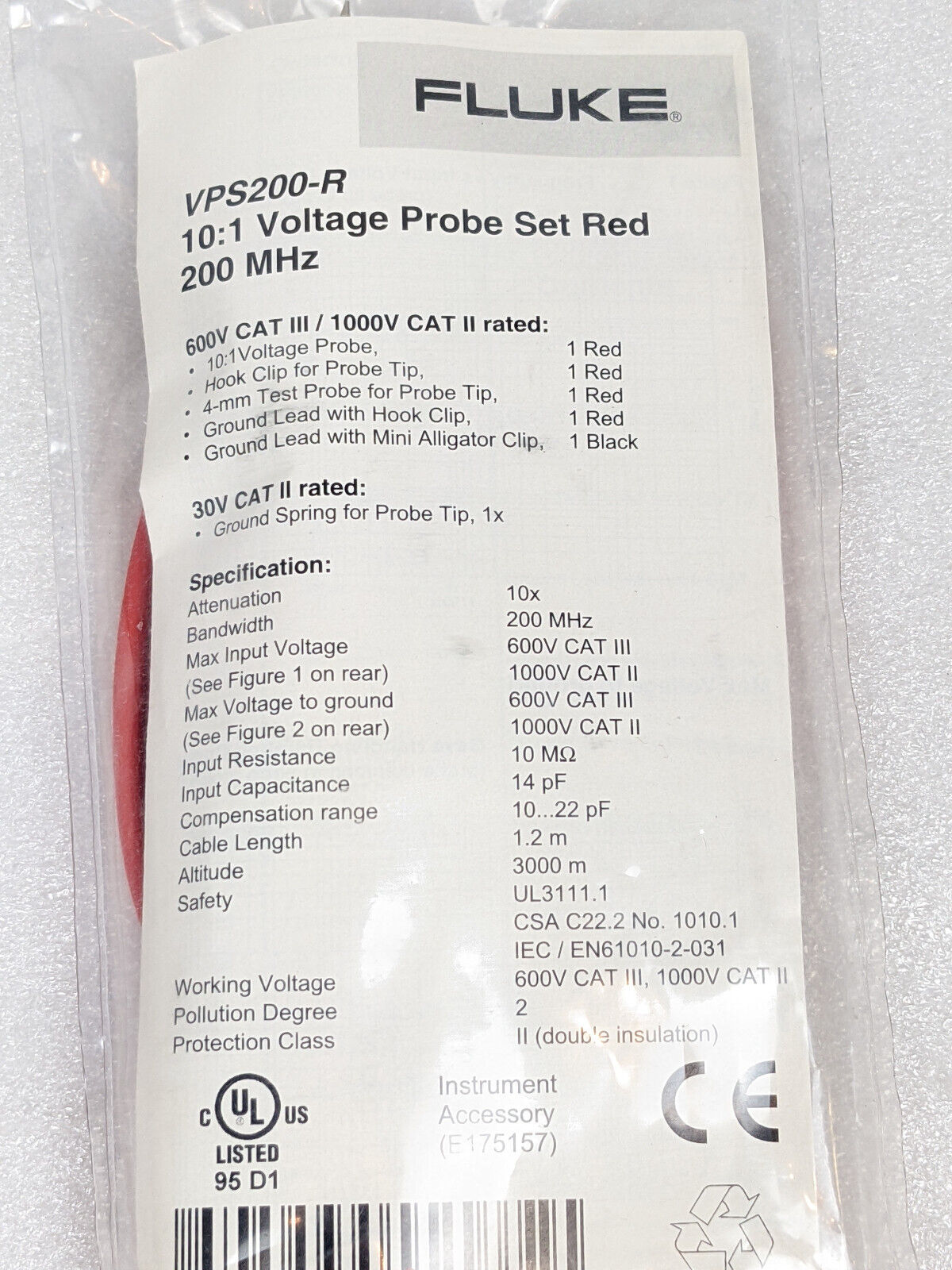 Fluke VPS200-R 10:1 Voltage Probe Set Red | 200MHz