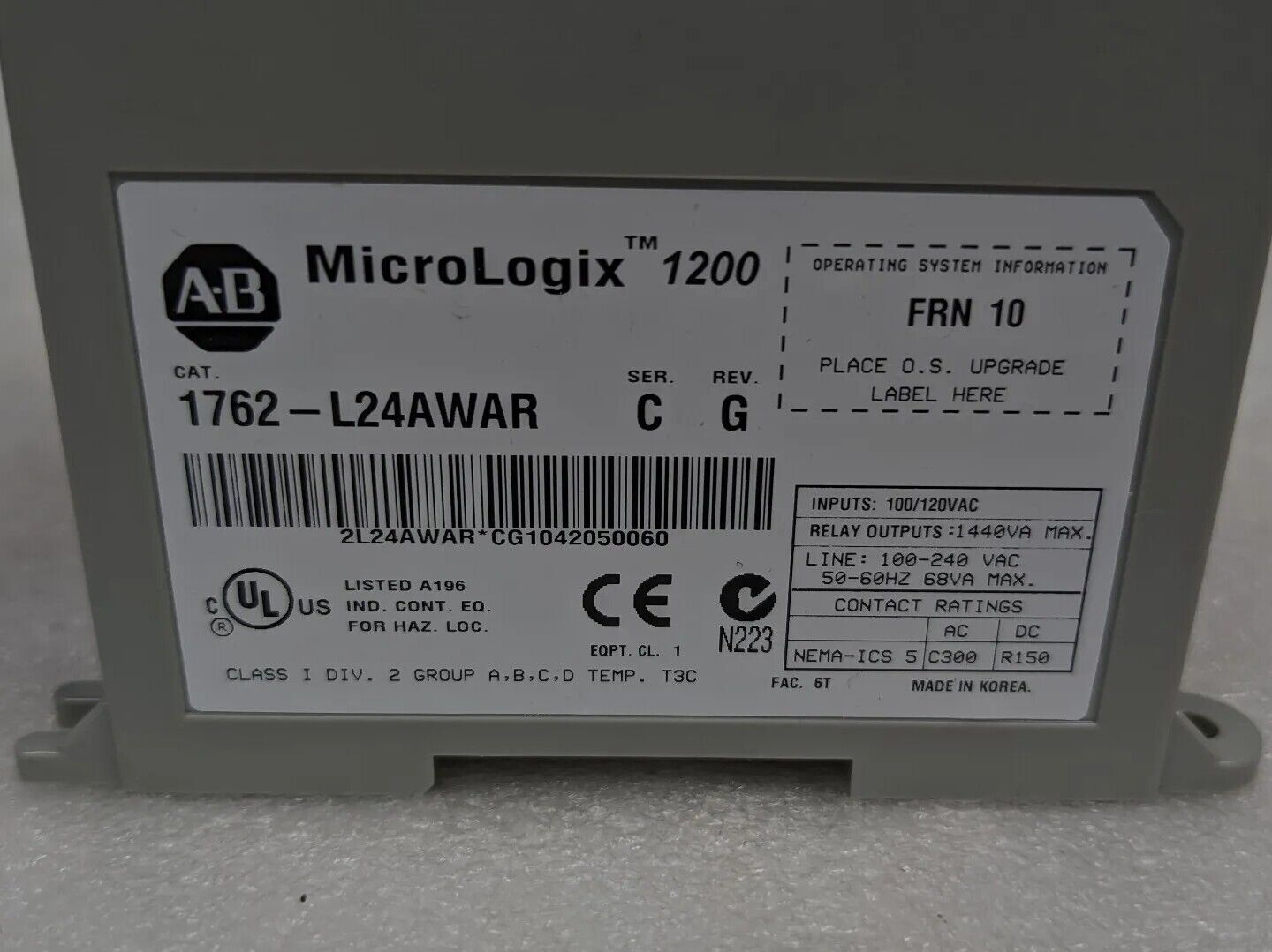 Allen Bradley 1762-L24AWAR Micrologix 1200 Series C Rev G